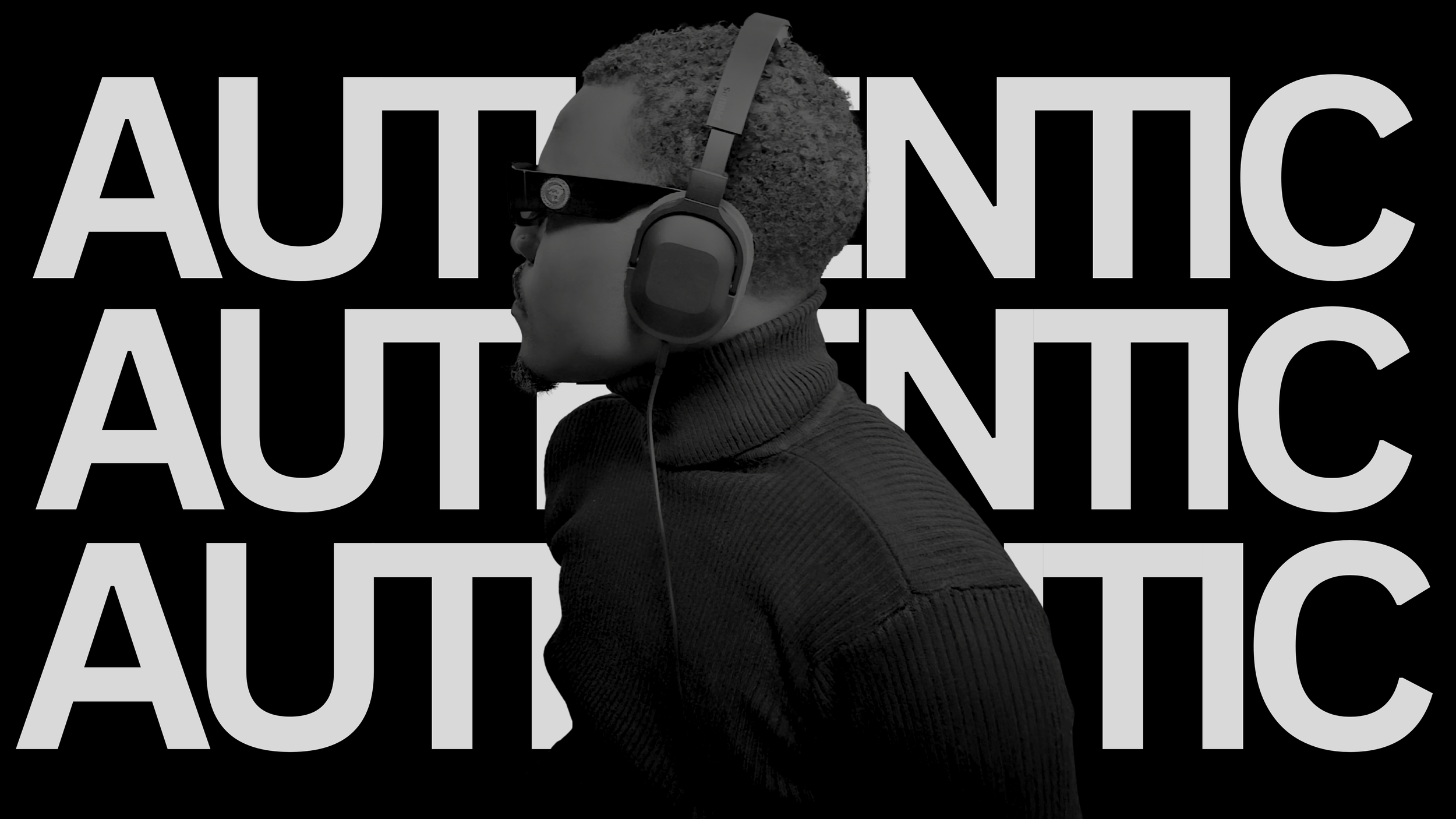 Side profile of a man with short curly hair wearing virtual reality glasses and headphones, set against a black background with large white text reading 'AUDIO' repeatedly.