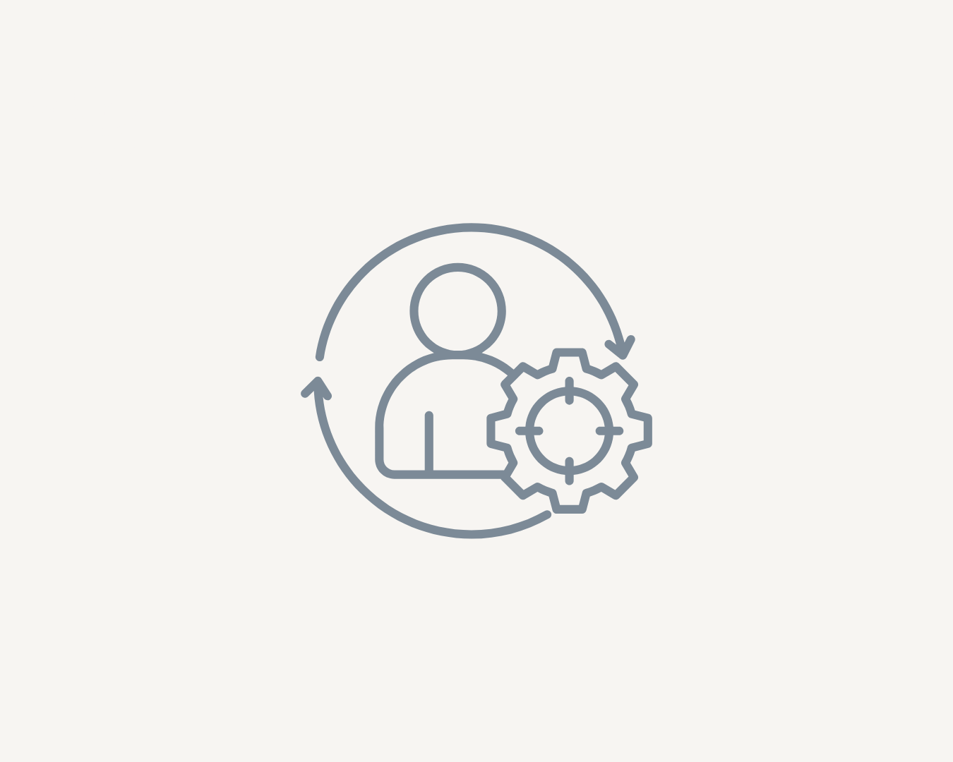 Outline icon of a person with a gear and target overlay, connected by arrows indicating a process or cycle, representing consultancy shaped around each organisation's goals, values and capacity.