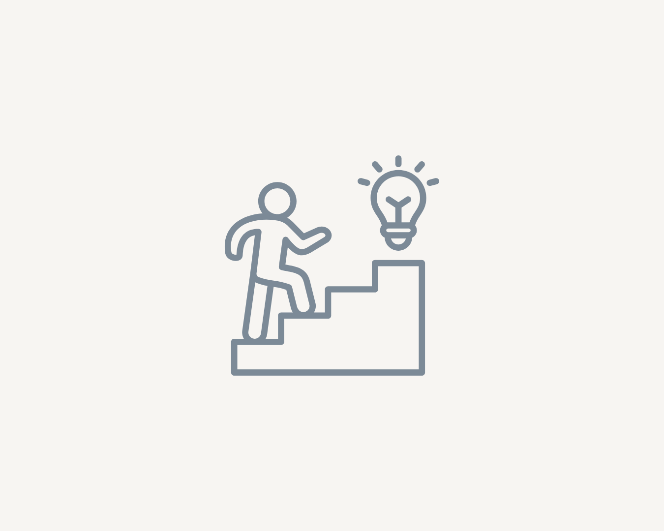 A simple line drawing of a person climbing stairs toward a light bulb,representing practical guidance, strategic direction and clear next steps.