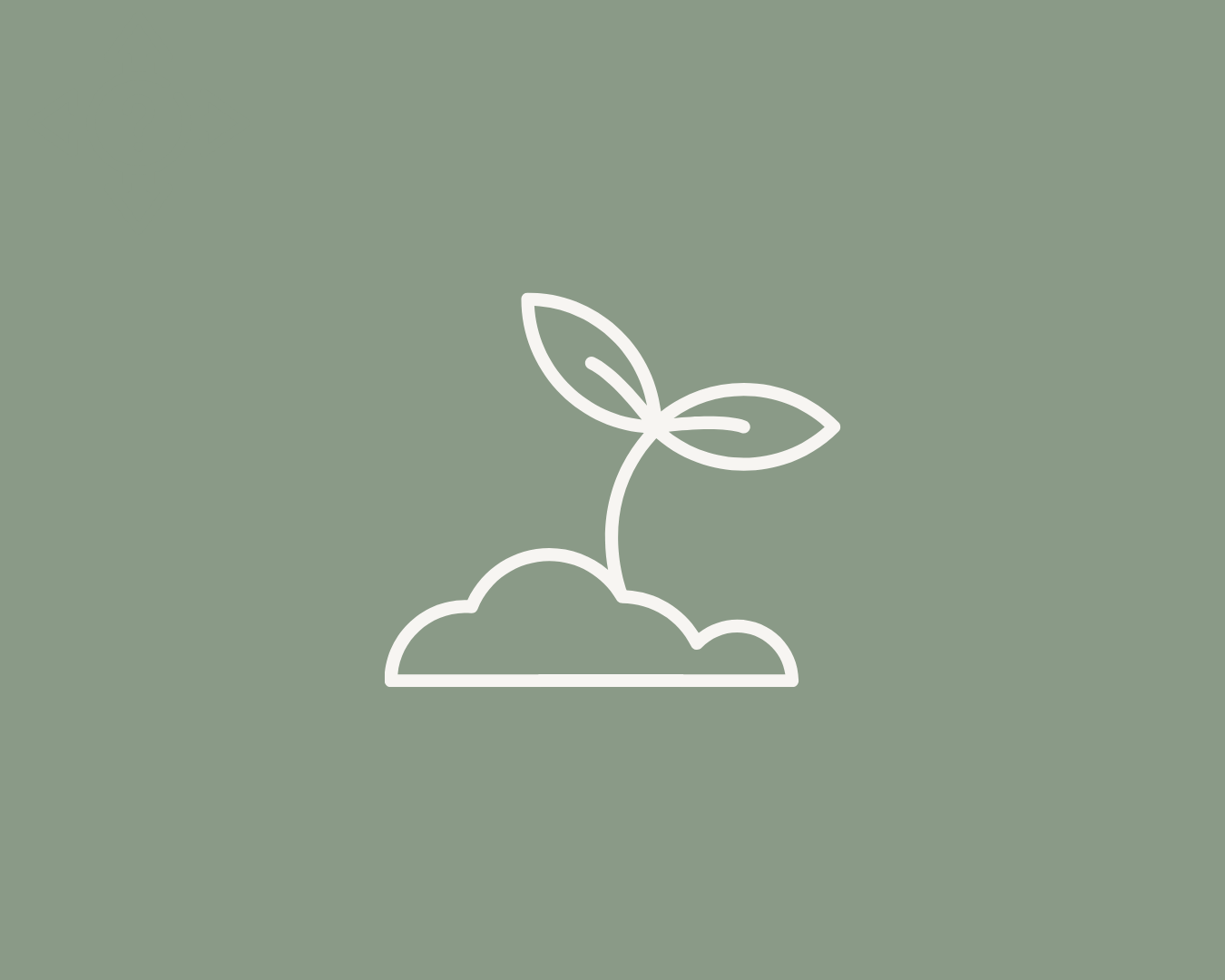 White line drawing of a small plant with two leaves sprouting from a mound of soil on a muted green background.