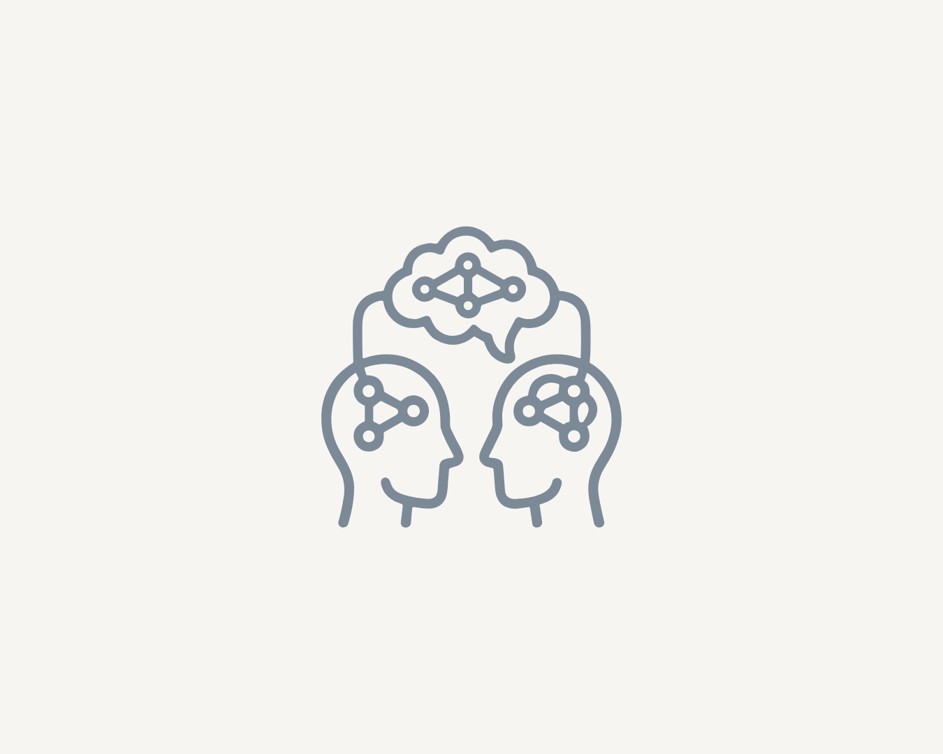 Line drawing of two human heads facing each other with interconnected nodes inside their brains, and a cloud with interconnected nodes above, representing working alongside organisations to develop practical solutions together.