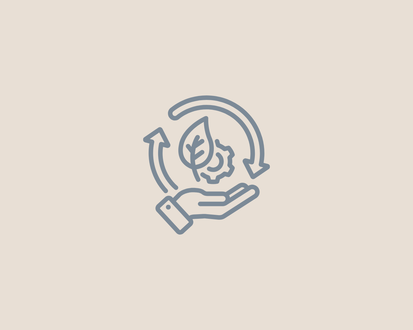 Line drawing of a hand holding a leaf with recycling arrows around it, representing resilient, financially sustainable and mission-led organisations.