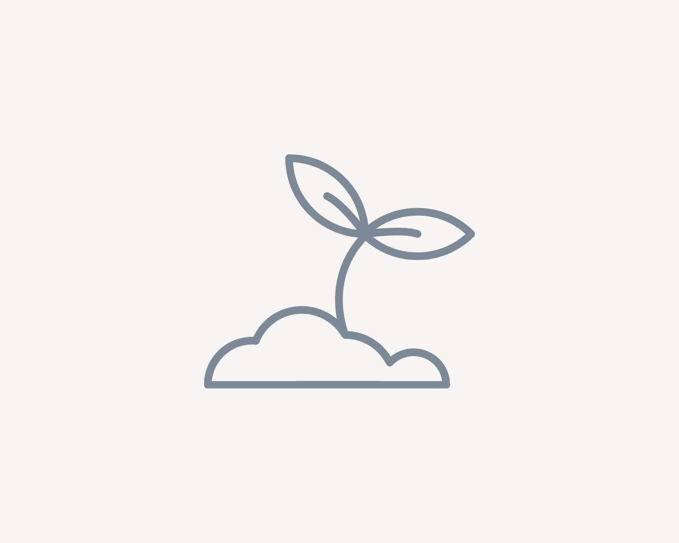 Simple line drawing of a small plant with two leaves growing from a patch of soil, representing sustainable organisational growth, resilience and long-term impact.