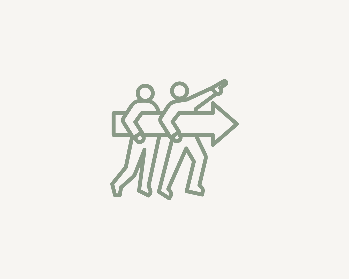 Line illustration of two people walking together, holding an arrow pointing to the right, representing practical commissioning examples and real-world learning.