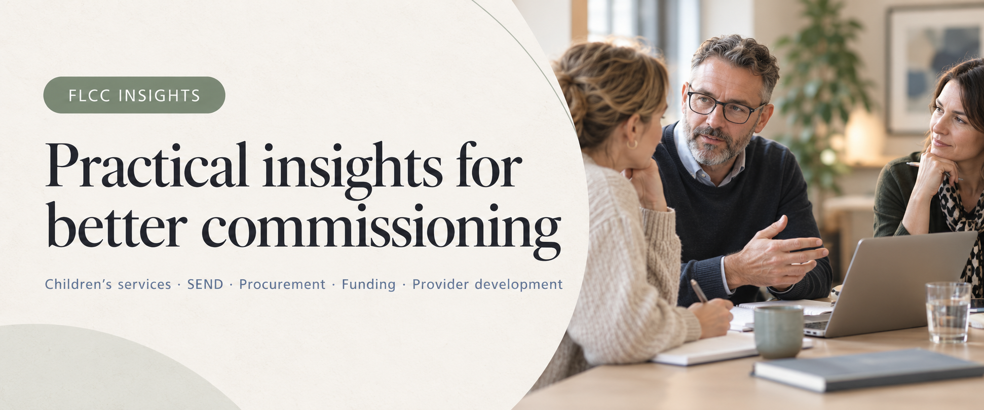FLCC Insights banner introducing practical articles on children’s services, SEND, procurement, funding and provider development.