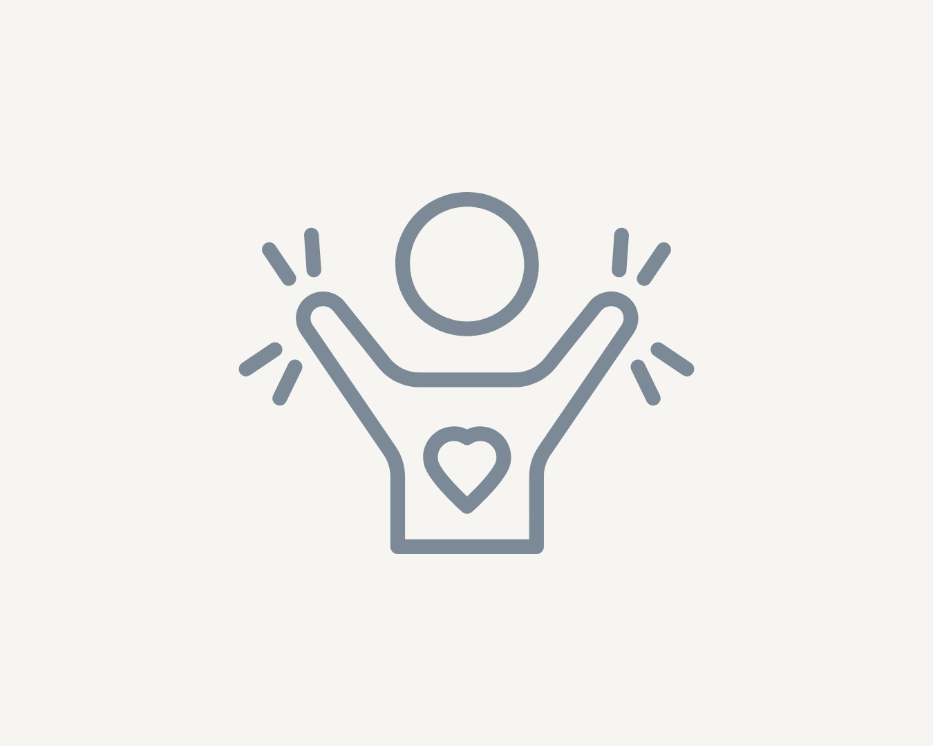 Outline drawing of a person with arms raised, located above an open hand with a heart symbol on the chest, surrounded by lines indicating excitement, representing empowering organisations through practical commissioning support and clear guidance.