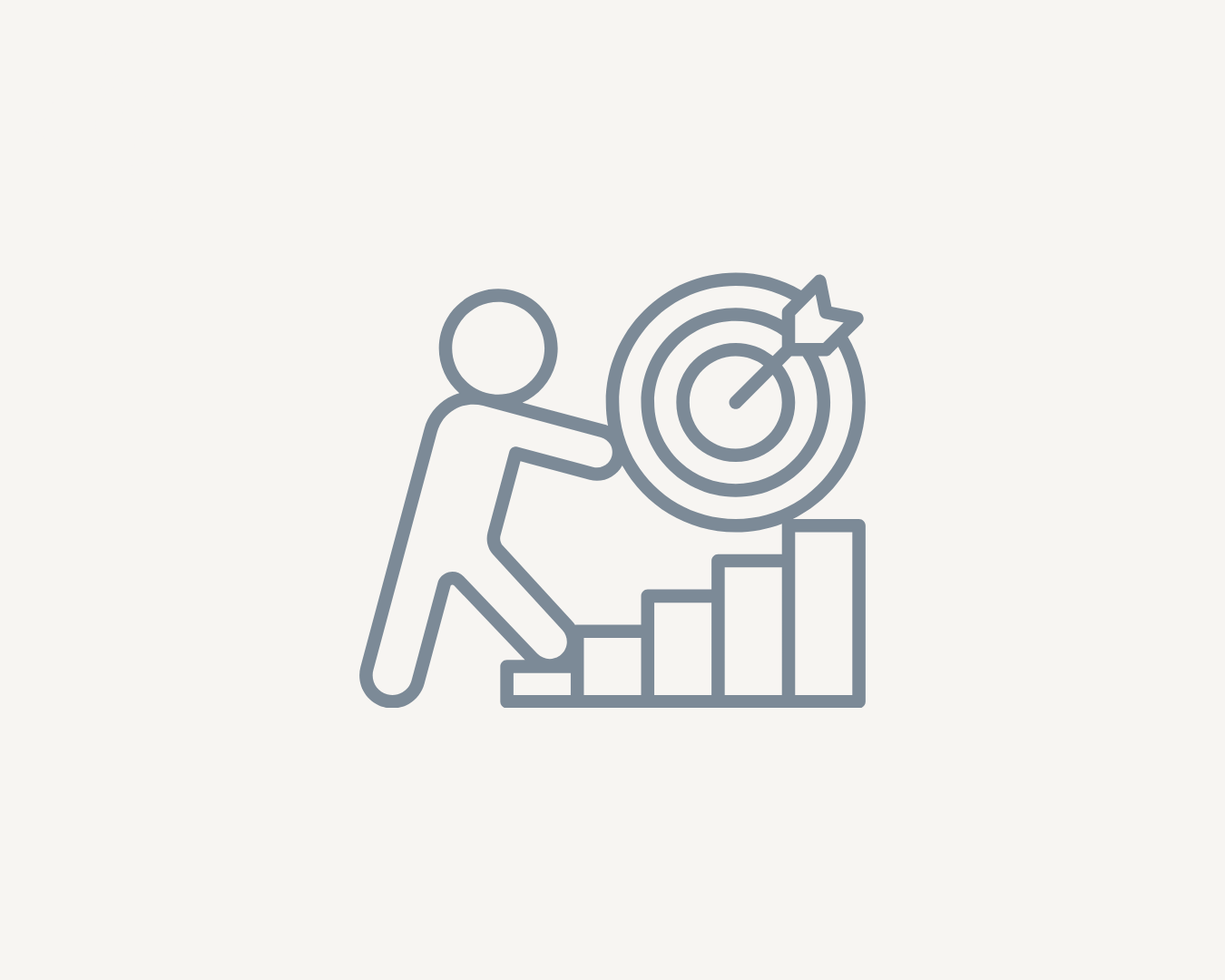 A simple line drawing of a person climbing stairs towards a target with an arrow hitting the bullseye, representing strategic focus, priorities and achieving meaningful organisational outcomes.