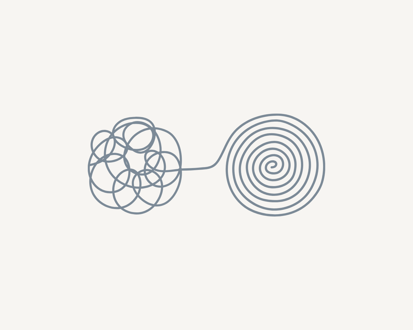 A simple line art illustration of a tangled ball connecting to a spiral showing complex ideas transformed into clear, practical solutions for organisations.