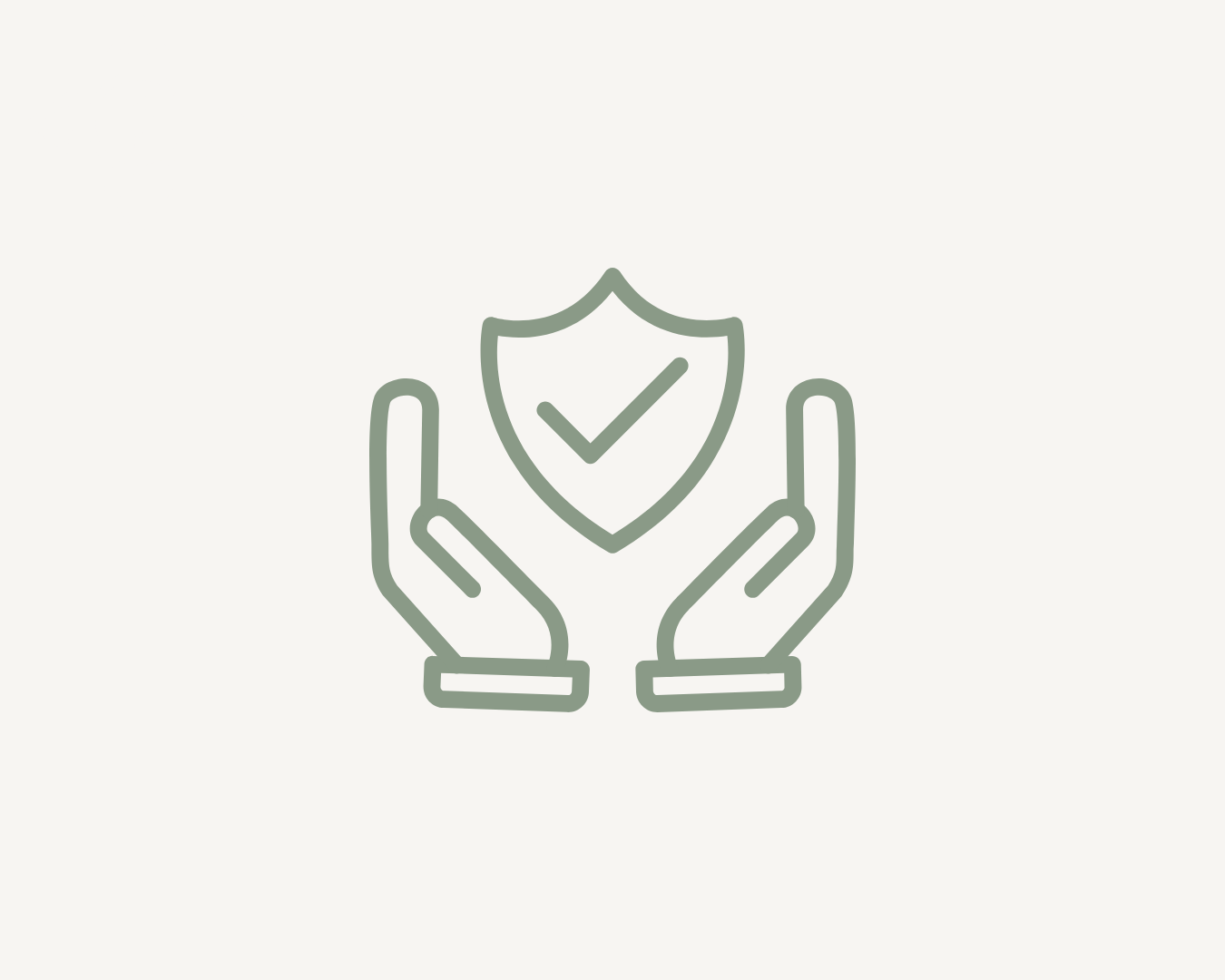 Outline of two hands holding a shield with a check mark in the center, representing honest, transparent and ethical professional practice.