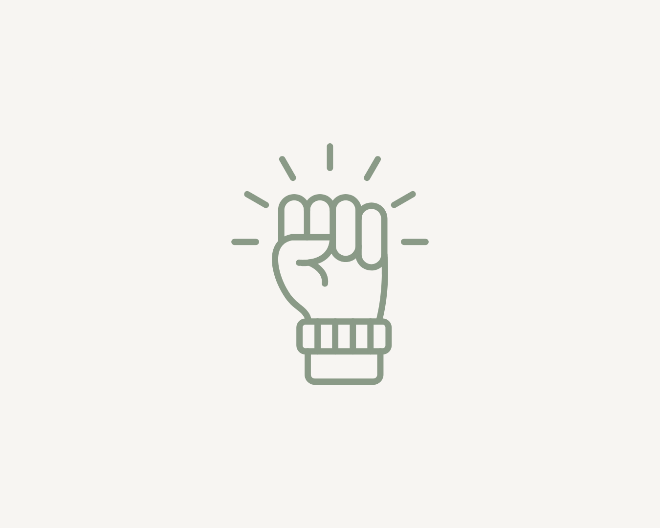 Minimalist illustration of a raised fist with radiating lines, representing determination, resilience and helping organisations overcome challenges.