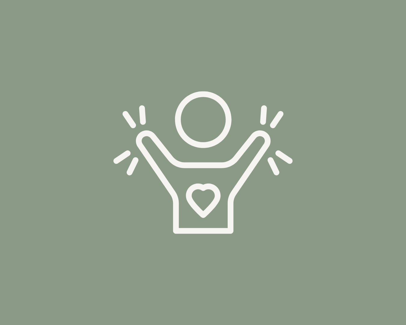 Outline drawing of a person with raised arms, a heart shape on their chest, sset against a sage green background, representing communicating your value, strengthening your service offer and engaging confidently with commissioners.