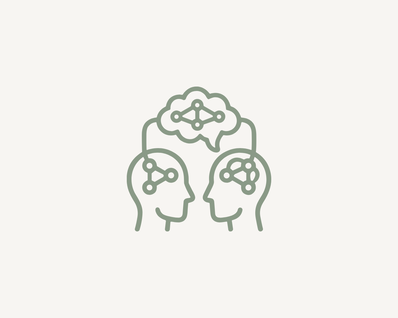Line drawing of two human heads facing each other with interconnected network lines inside the heads representing partnership working, shared learning and achieving better outcomes together.
