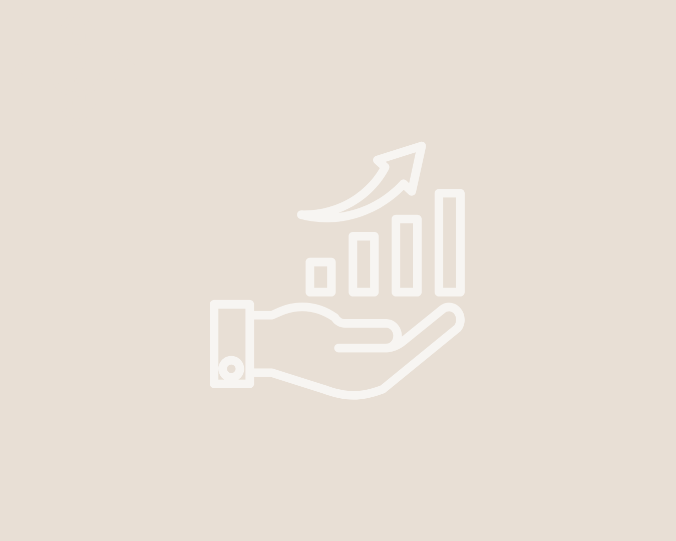 Outline of a hand holding a bar chart with an upward arrow, symbolizing growth or success.