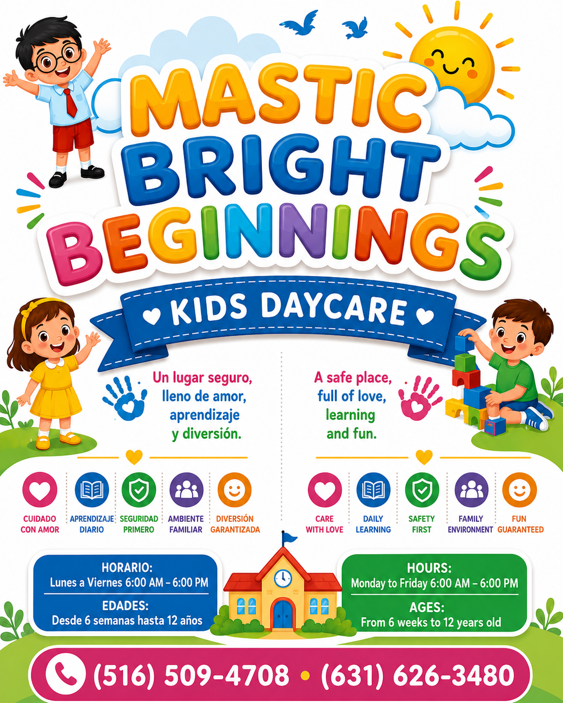 Colorful advertisement for a kids daycare called Mastic Bright Beginnings, featuring smiling children, a sun with a face, clouds, and a building, with details about hours, age range, and contact info.