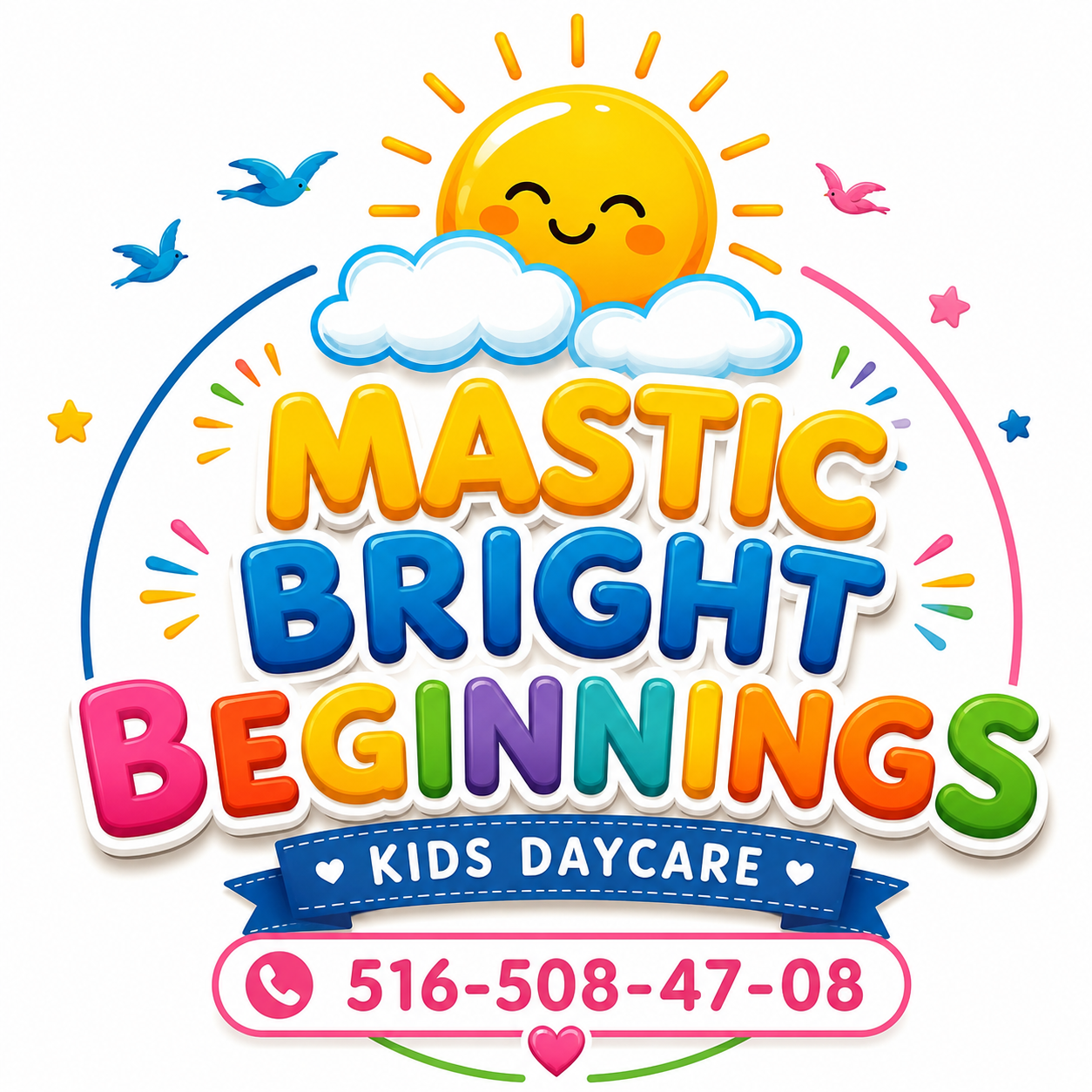 Colorful logo for Mastic Bright Beginnings Kids Daycare with a smiling sun, clouds, and flying birds, including contact phone number.