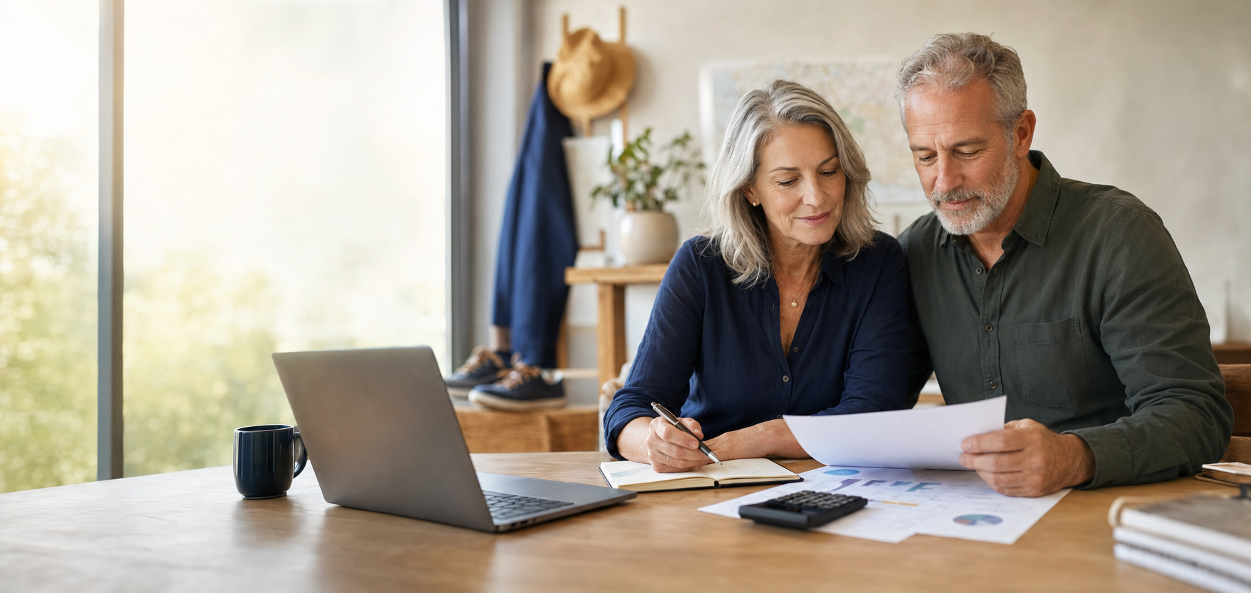 Couple in their 50s reviewing retirement finances together at home
