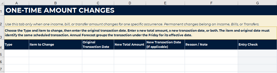 Changes tab in the Save & Thrive Budget & Cash Flow Planner for adjusting the amount or date of one transaction occurrence without changing later occurrences.