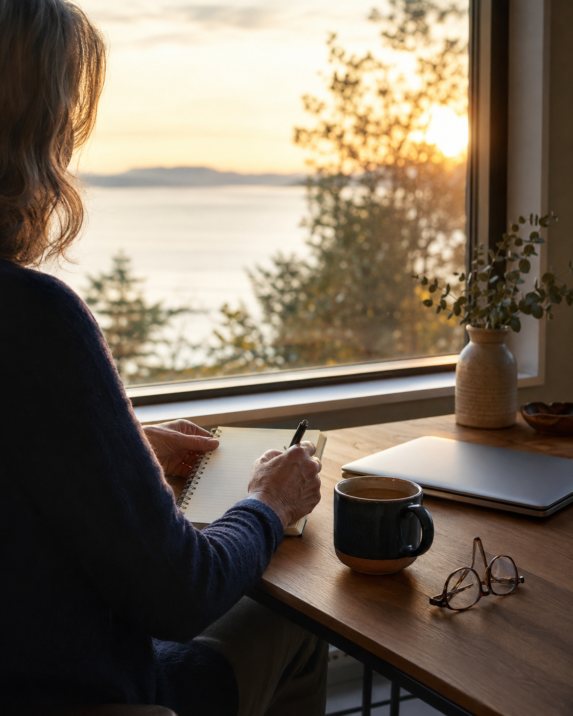 Woman sitting at a wooden desk by a window, writing in a notebook with a pen, with a view of trees, water, and sunset outside. Items on the desk include a black coffee mug, a closed laptop, a pair of glasses, and a potted plant.