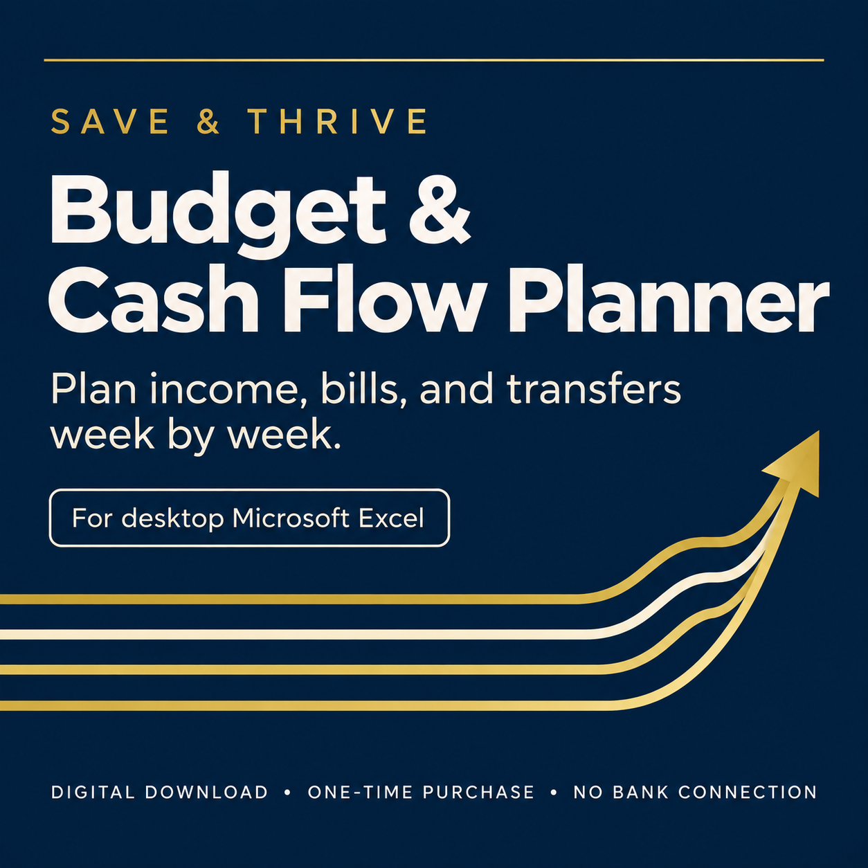 Save & Thrive Budget & Cash Flow Planner for desktop Microsoft Excel, designed to help users forecast income, bills, transfers, and weekly cash flow.
