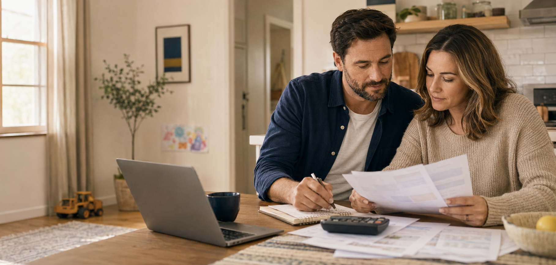 Couple in their 30s reviewing household finances together at home