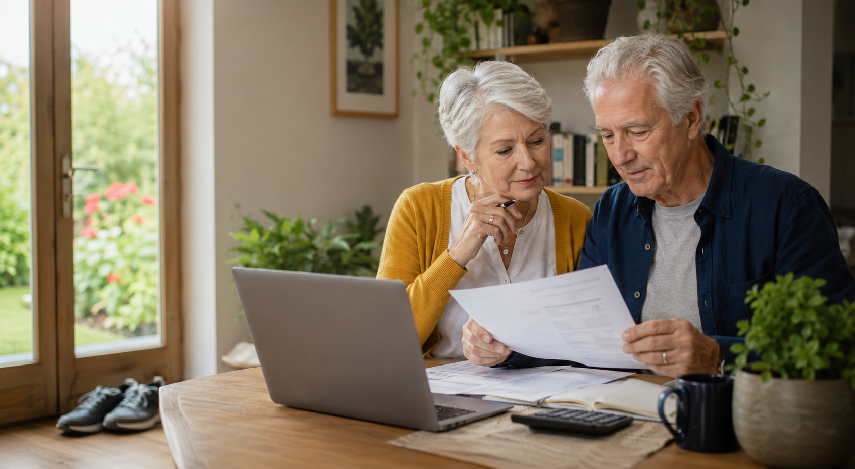 Couple in their late 60s reviewing retirement finances together at home