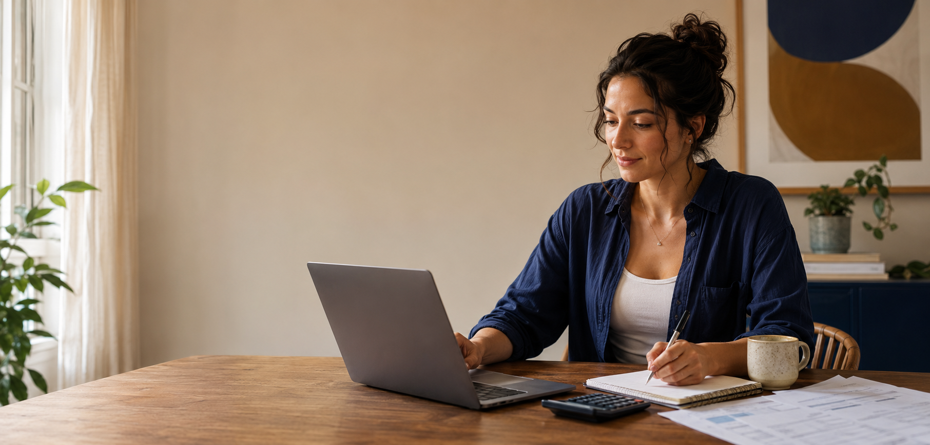 Young adult reviewing a personal budget on a laptop in a home setting