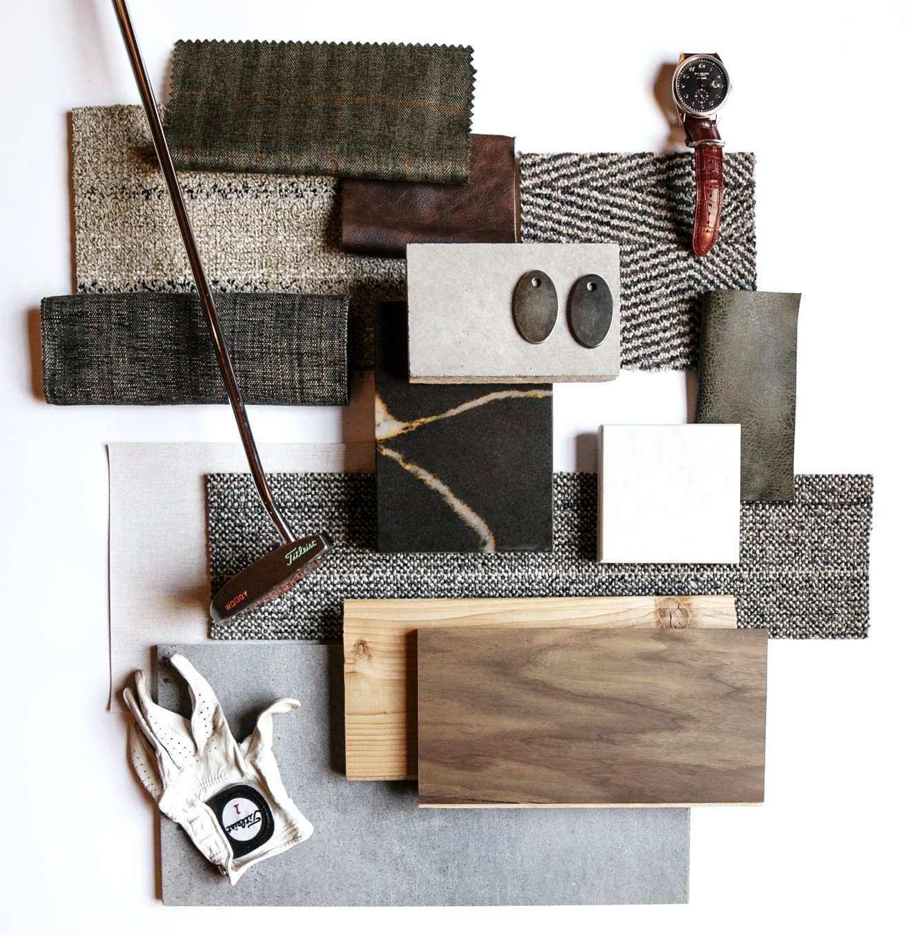 A collection of fabric swatches, a wristwatch, a golf club, a pair of earrings, samples of wood and stone, a golf glove, and other material samples arranged on a white background.
