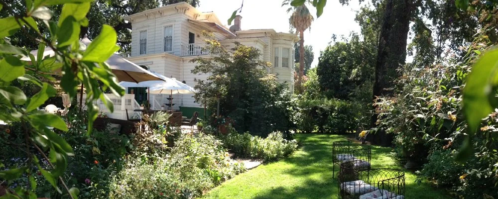 A lush garden with green grass, flowering bushes, and trees surrounding a white Victorian-style house, with outdoor furniture including umbrellas and chairs.