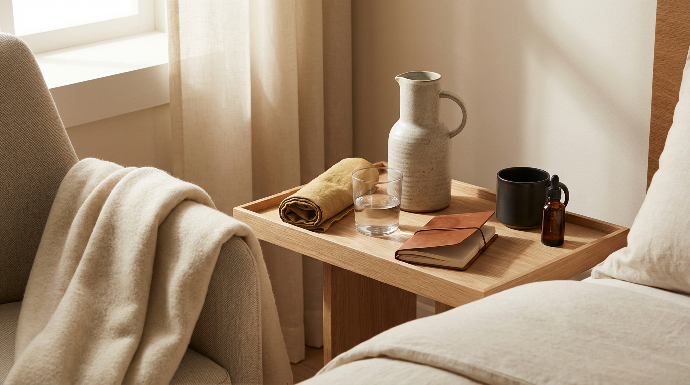 House of Zoe and Artemis postpartum and bereavement doula services sanctuary homepage featuring a cozy bedroom corner featuring a beige armchair with a cream blanket draped over it, tea and water in San Antonio, TX