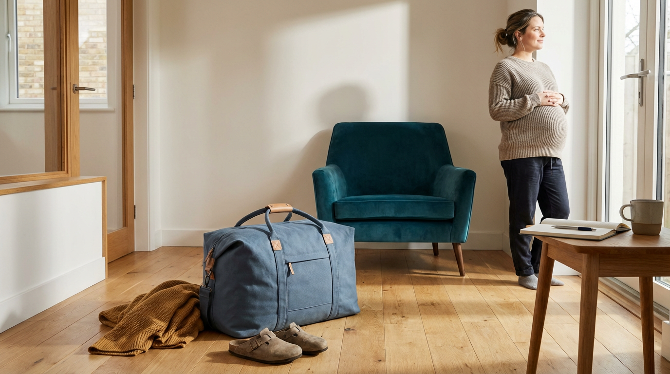 A woman standing by a glass door with a pregnant belly, looking outside. There is a teal armchair, a blue duffel bag, a brown blanket, a pair of slippers, a notebook, and a mug inside a bright, minimalist room.