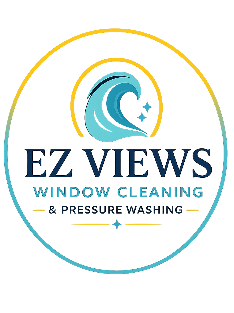 Colorful logo for EZ VIEWS window cleaning and pressure washing, featuring a wave and building graphic.