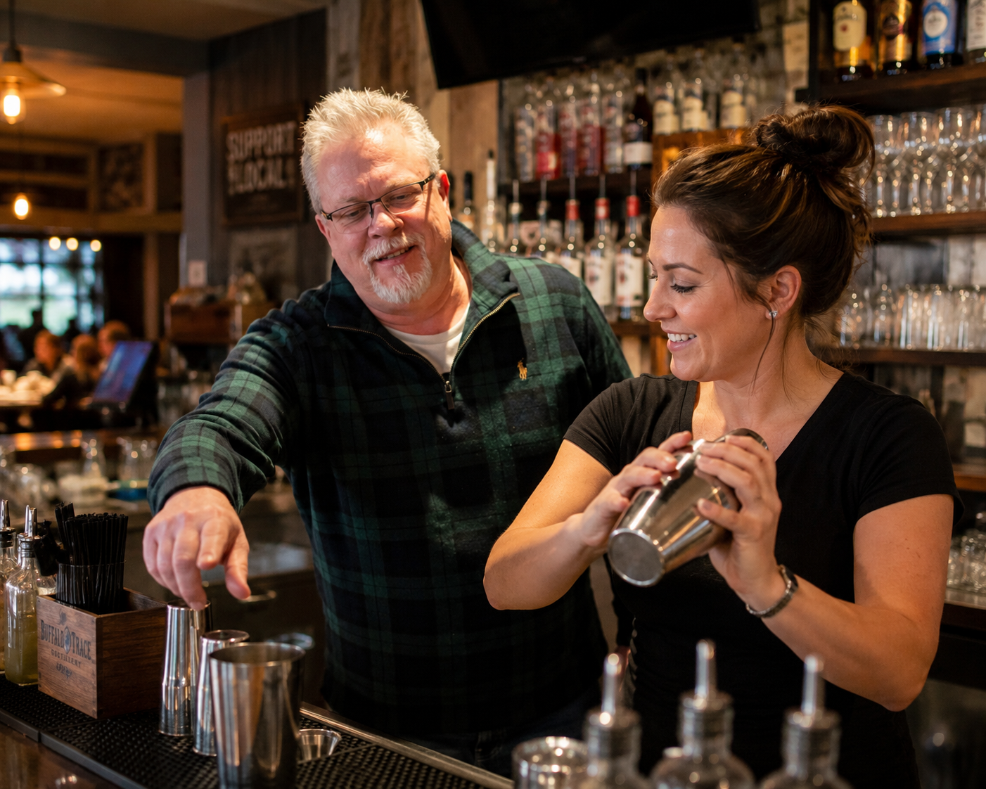 Restaurant staff preparing drinks behind the bar.