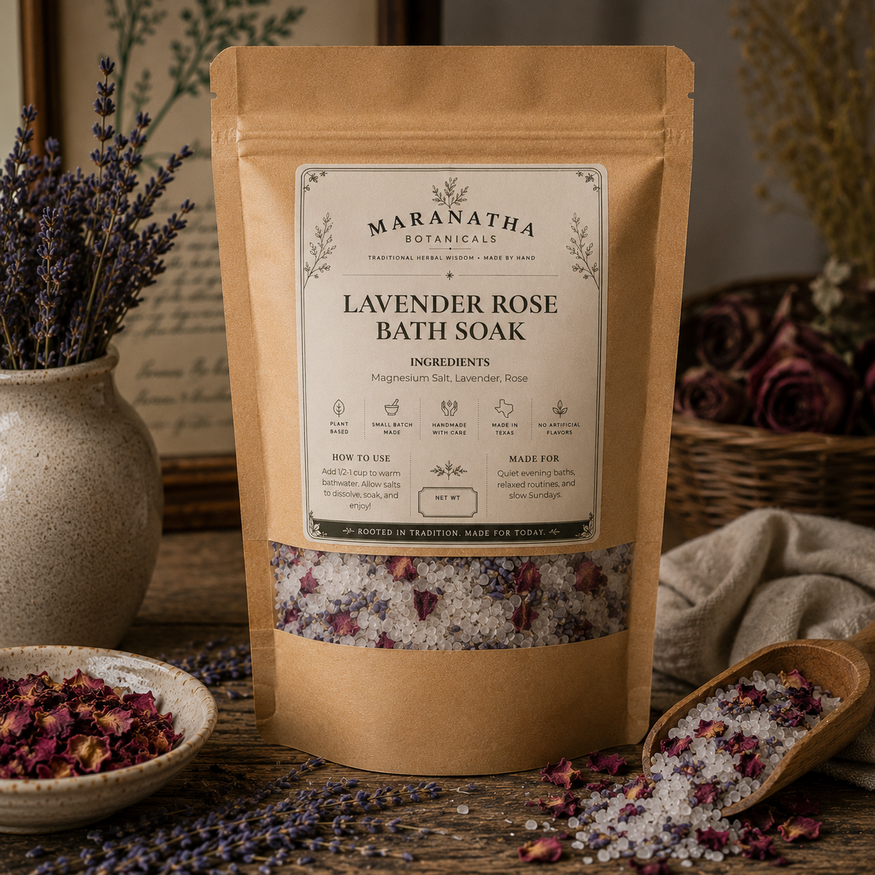 Lavender Rose Bath Soak, Herbal Bath Salts with Dried Flowers, Botanical Epsom Salt Bath, Floral Self Care Gift for Her