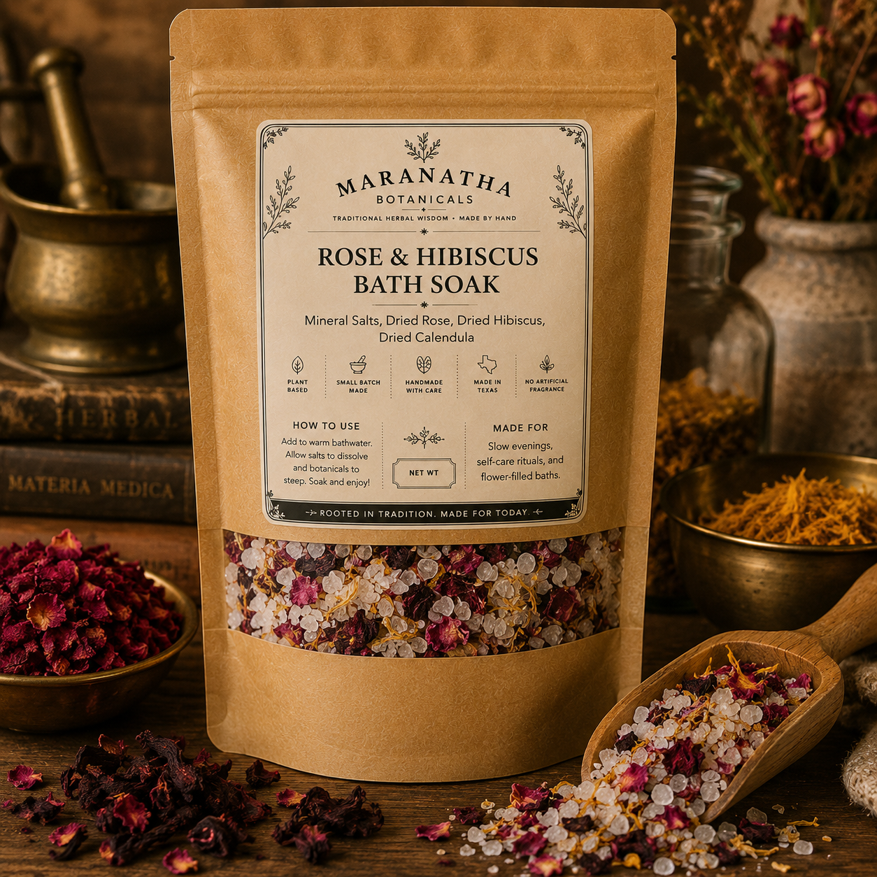 Rose Bath Soak with Hibiscus & Calendula, Floral Bath Salts with Dried Flowers, Botanical Herbal Bath Soak, Rose Petal Bath Gift