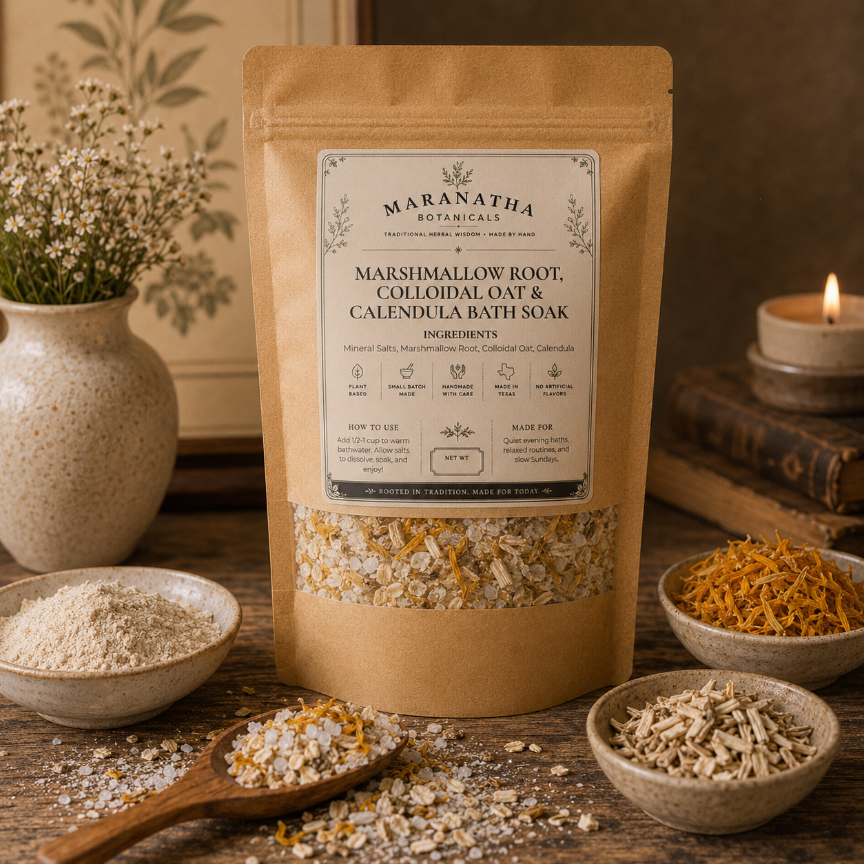 Colloidal Oatmeal Bath Soak with Marshmallow Root & Calendula, Herbal Oat Bath Salts, Gentle Fragrance Free Botanical Bath