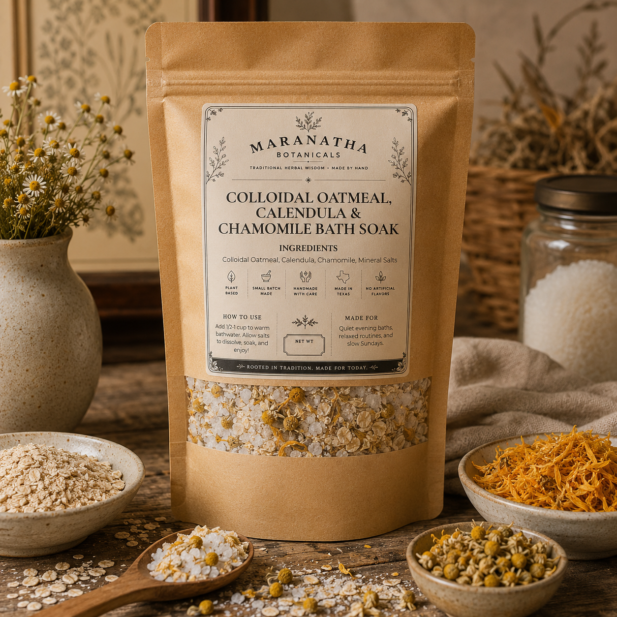 Colloidal Oatmeal Bath Soak, Calendula Chamomile Herbal Bath Salts, Gentle Botanical Oatmeal Bath, Fragrance Free Bath Soak