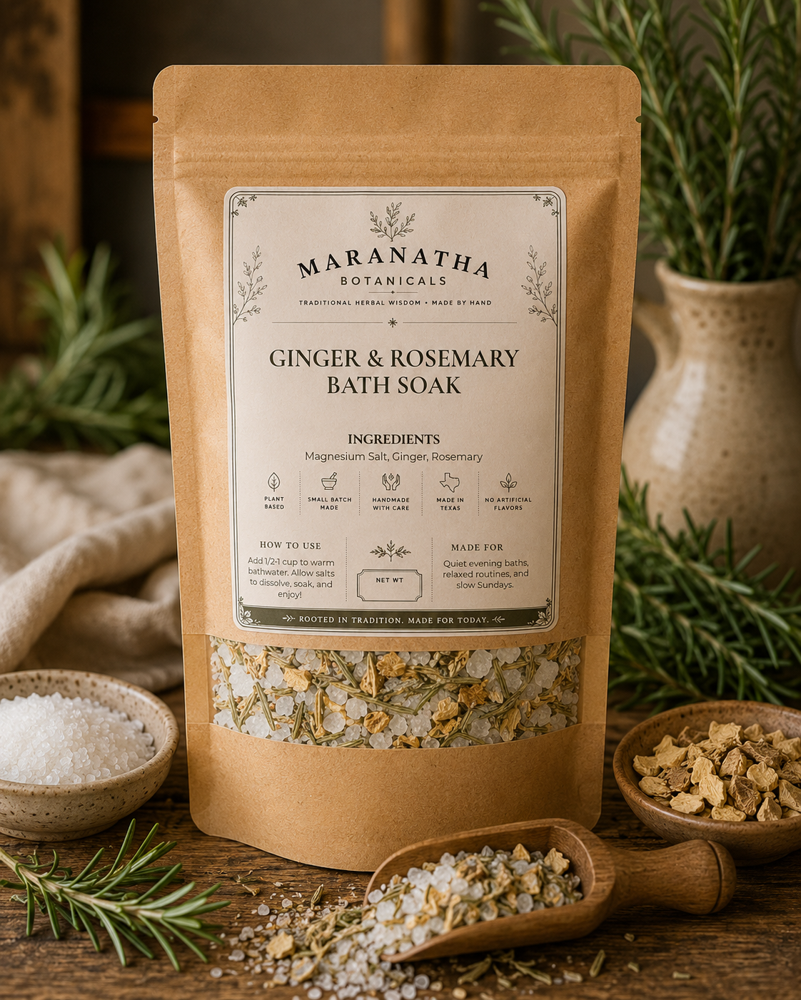 Ginger Rosemary Bath Soak, Herbal Bath Salts with Epsom Salt, Warming Botanical Bath Soak, Rosemary Bath Salts, Herbal Bath Gift