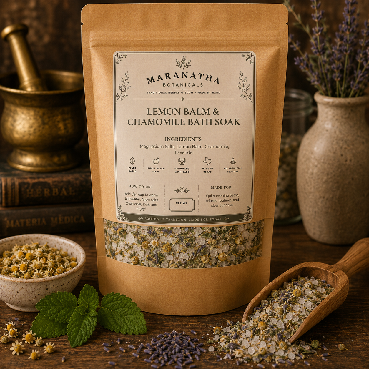Chamomile Bath Soak with Lemon Balm & Lavender, Herbal Bath Salts, Botanical Evening Bath, Dried Flower Bath Soak, Herbal Gift