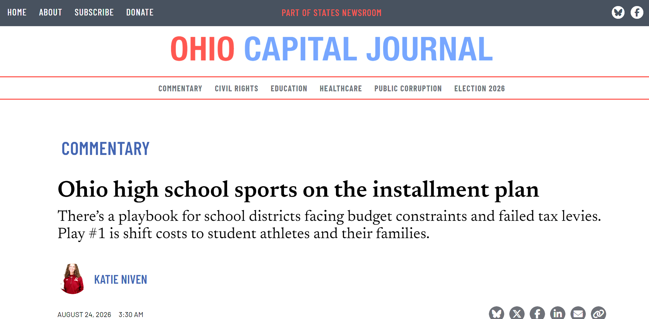 Screenshot of the Ohio Capital Journal website showing a headline about Ohio high school sports on the installment plan. The article features a photo of Katie Niven, with the date August 24, 2026, and time 3:30 AM.