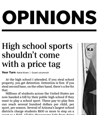 Newspaper article titled "Opinions" with the headline "High school sports shouldn’t come with a price tag" by Katie Niven. It discusses high school sports and associated costs.