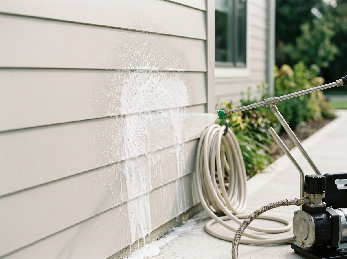 A pressure washer cleaning the beige siding of a house, with foam and water spray on the wall and a hose coiled nearby.