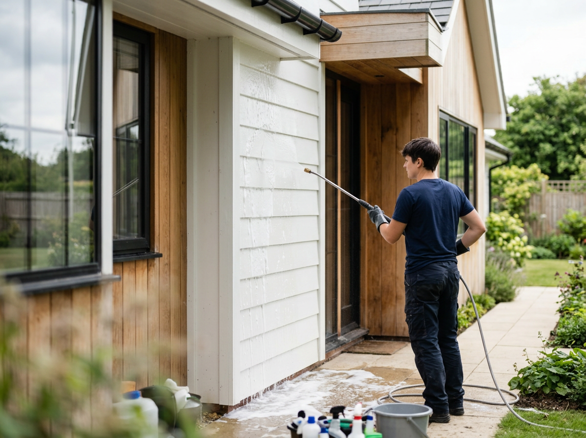 A person pressure washing the exterior wall of a house with a long wand, cleaning white siding on a wooden house with large windows, in a garden setting with greenery and a pathway.