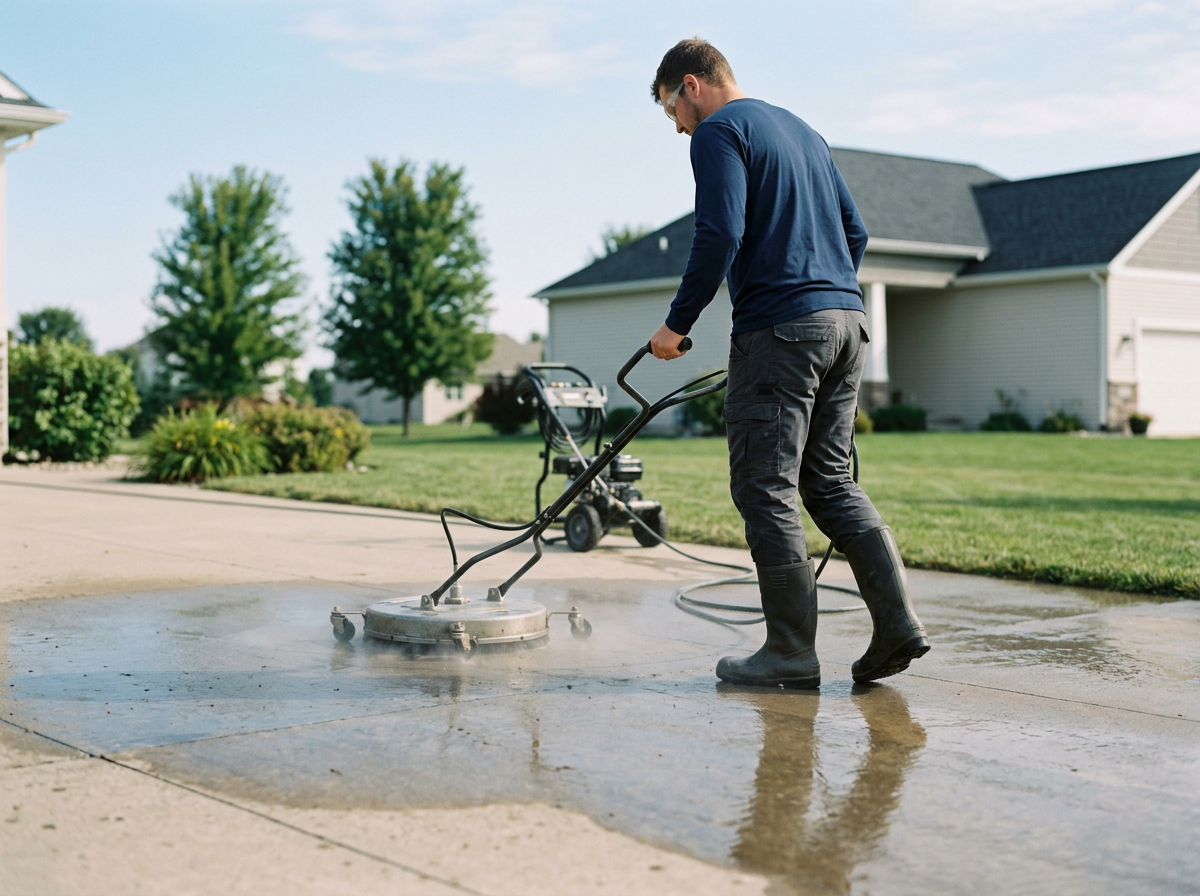 Man power washing concrete driveway with a surface cleaner, outdoors in front of suburban houses, wearing black boots and a navy long sleeve shirt