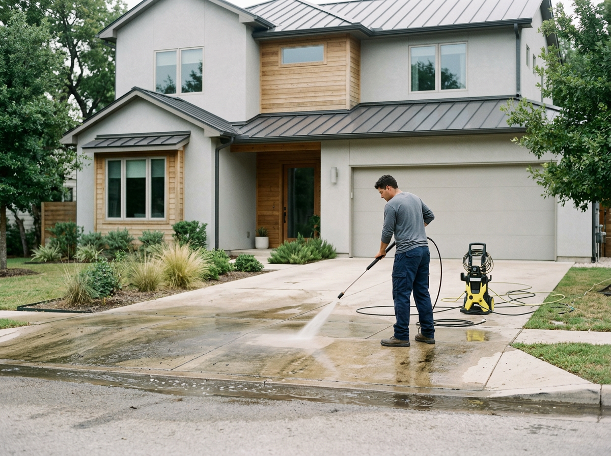 Man pressure washing driveway in front of modern two-story house with gray exterior, wooden accents, and a closed garage door, surrounded by green trees and bushes.