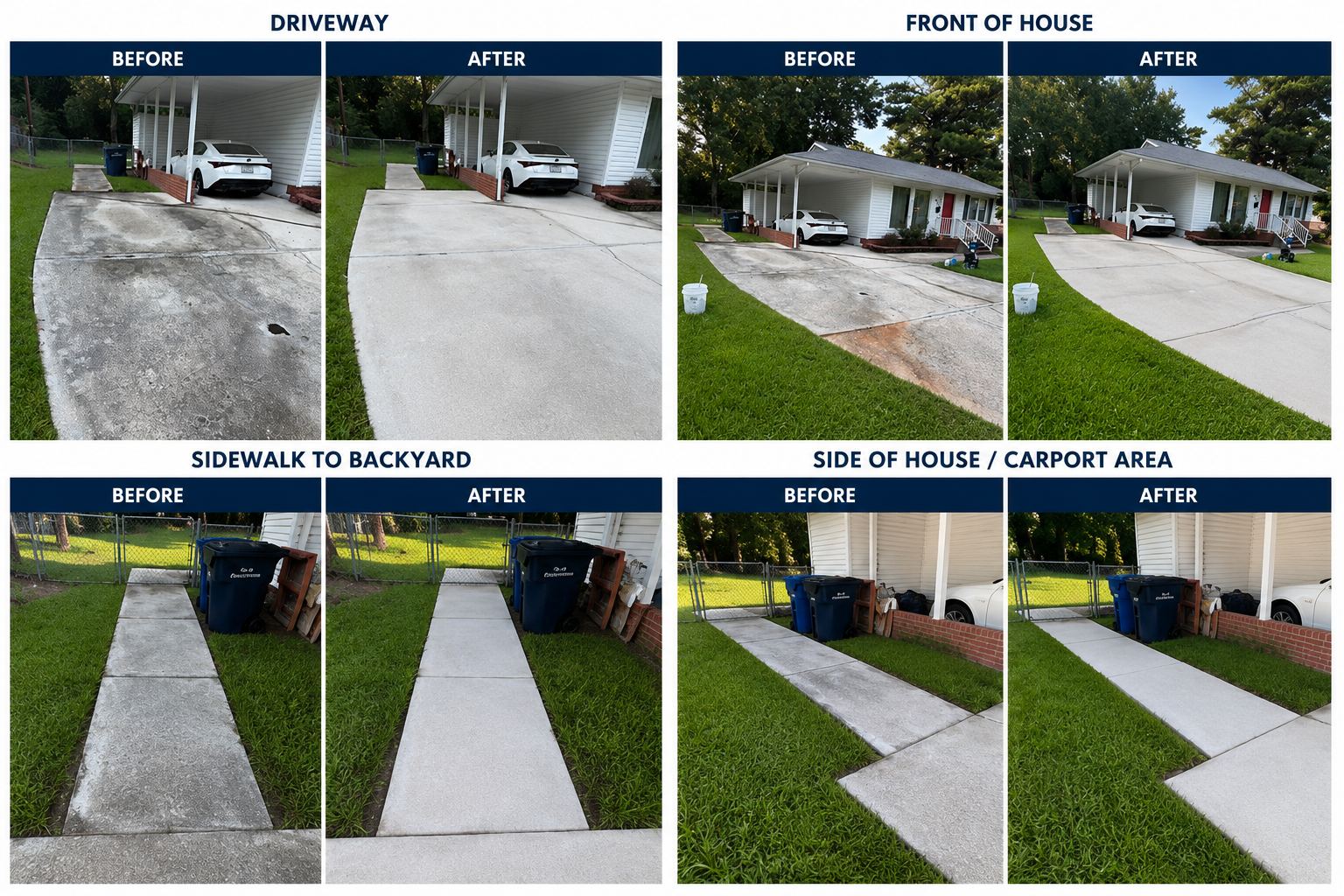 Before and after photos of driveway, front of house, sidewalk to backyard, and side of house/carport area showing renovation and cleaning.