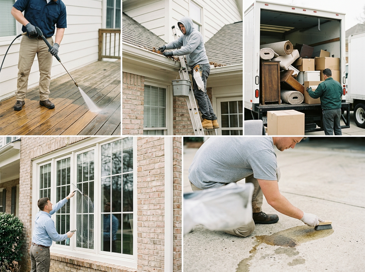 A collage of five images showing various home maintenance activities: pressure washing a wooden deck, cleaning gutters on a house roof, loading furniture into a moving truck, cleaning large windows on a house, and patching a crack in concrete.
