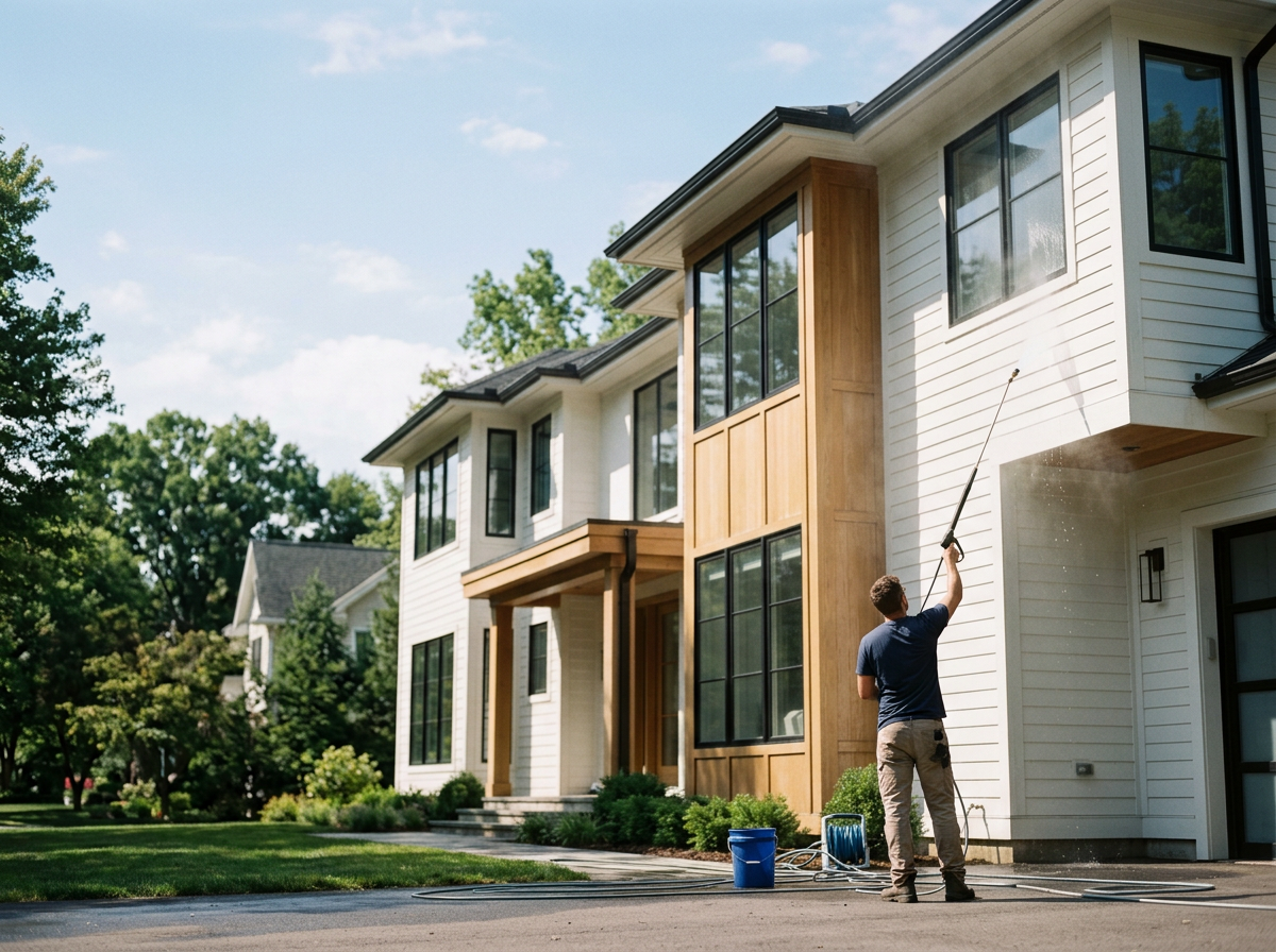 A man washing the exterior windows of a modern, multi-story house with a water hose on a sunny day.
