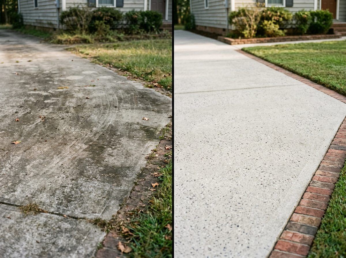 Comparison of two concrete walkways: one old, cracked, and weathered on the left; one new, smooth, and well-maintained on the right.
