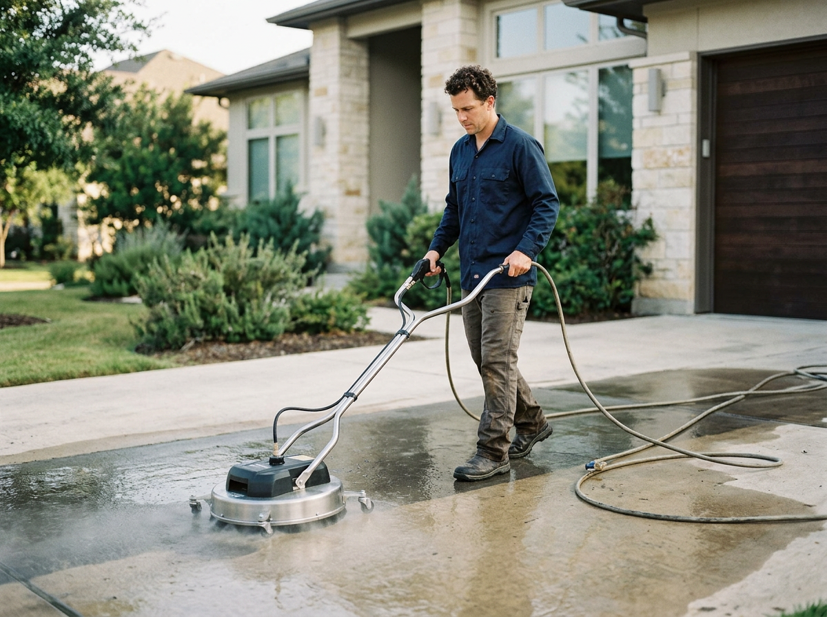 A man is using a power scrubber to clean a concrete driveway in front of a house with a garage, surrounded by green bushes and trees.