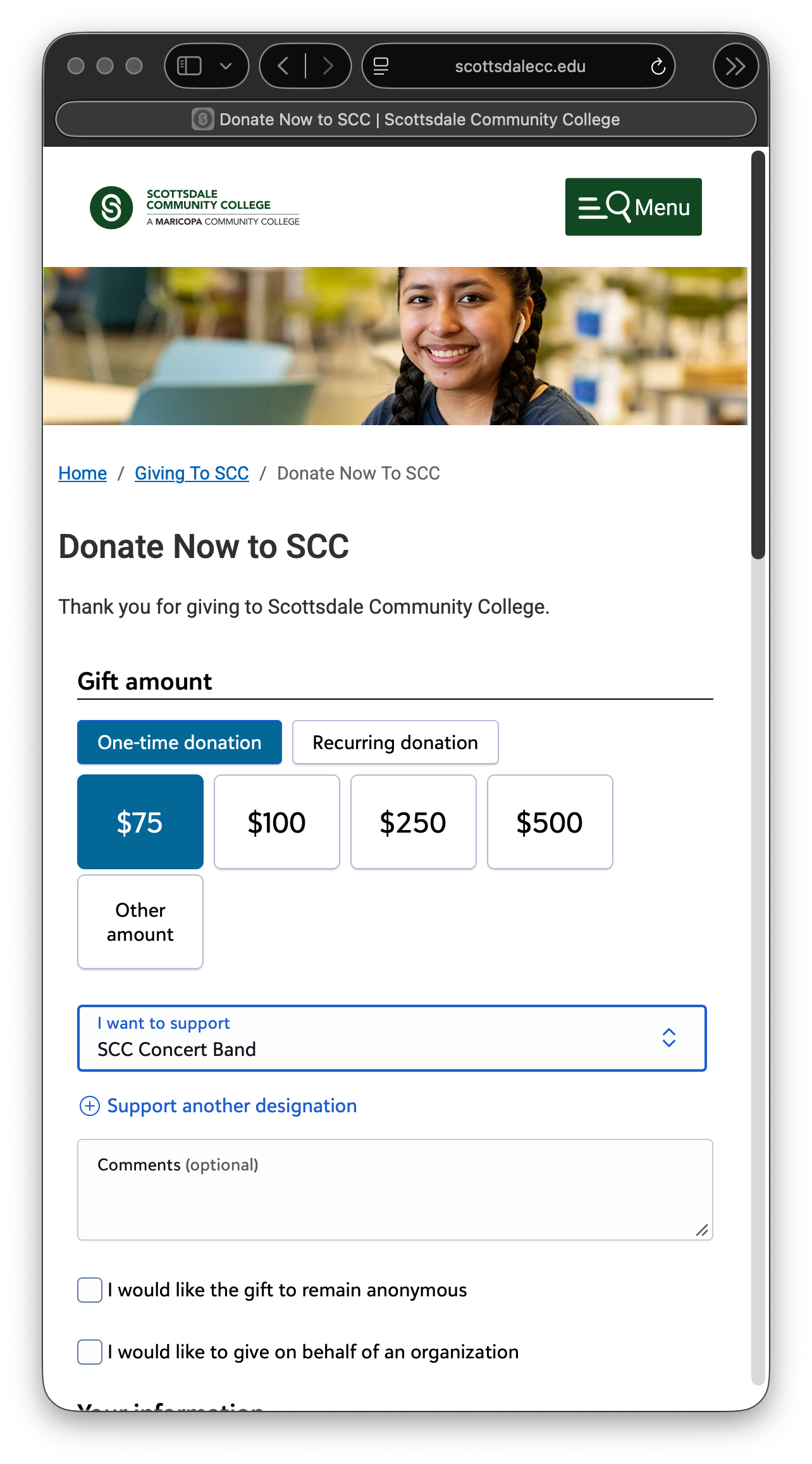 A screenshot of the scottsdalecc.edu web page for donations